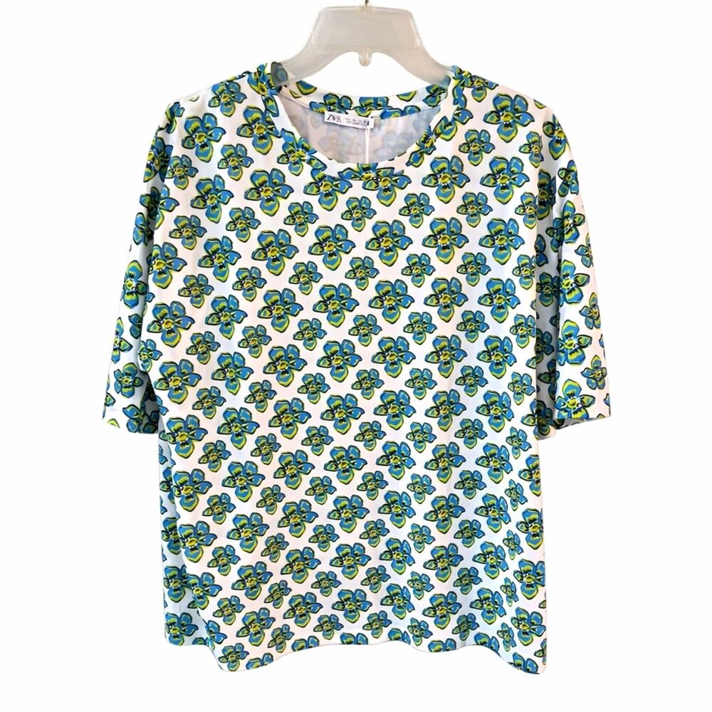 Zara White Floral Tee with Blue & Green Blooms